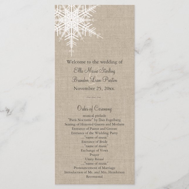 Programme de mariage des flocs de neige Burlap (Devant)