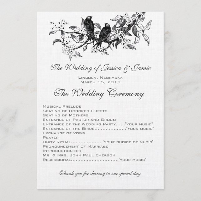 Programme de mariage des Inséparables Vintages de  (Devant)