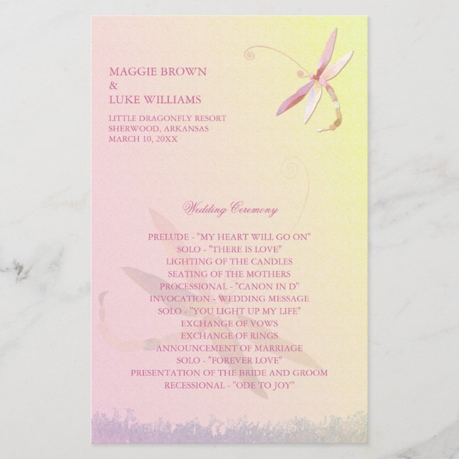 Programme de mariage des libellules rose et jaune  (Devant)