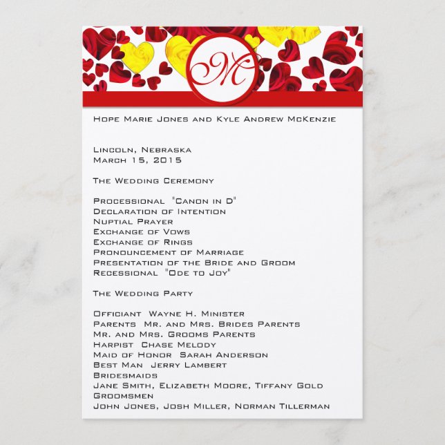 Programme de mariage des roses jaunes et rouges (Devant)