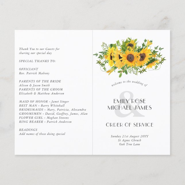 Programme de mariage des tournesols ou autre événe (Devant)