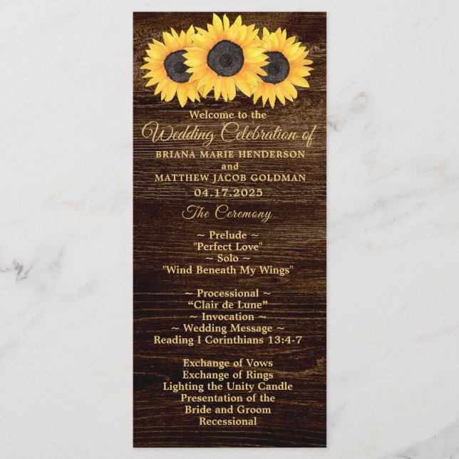 Programme de mariage des tournesols sur le bois du (Devant)