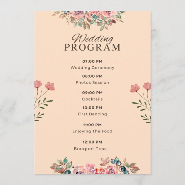 Programme de Mariage – Dessin Floral Aquarelle Bei (Devant)