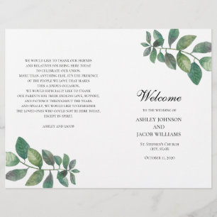 Programme de mariage d'été plié. Feuilles verts