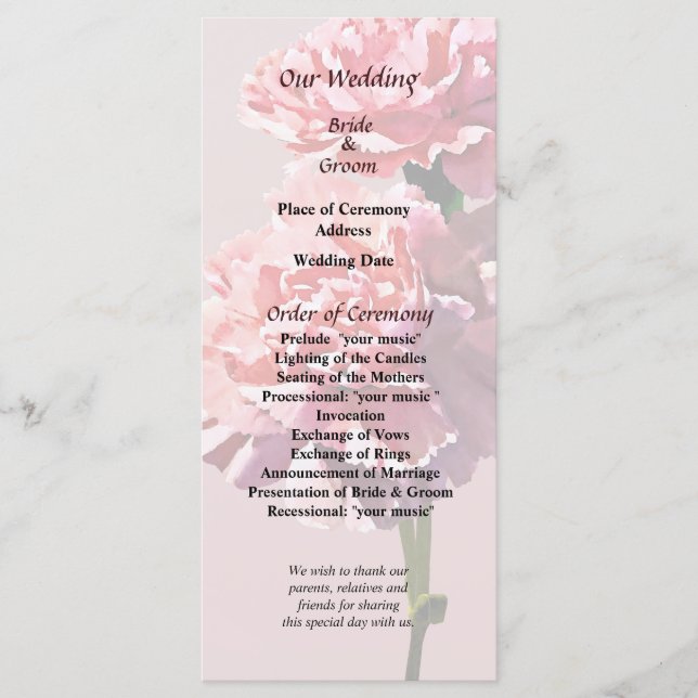 Programme de mariage Deux Œillets Roses (Devant)