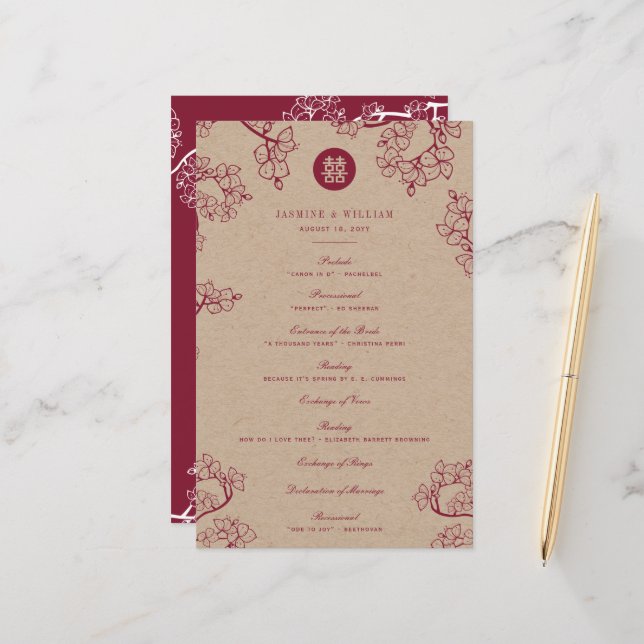 Programme de mariage Double Bonheur Fleurs de Prun (Devant/Arrière en situation)