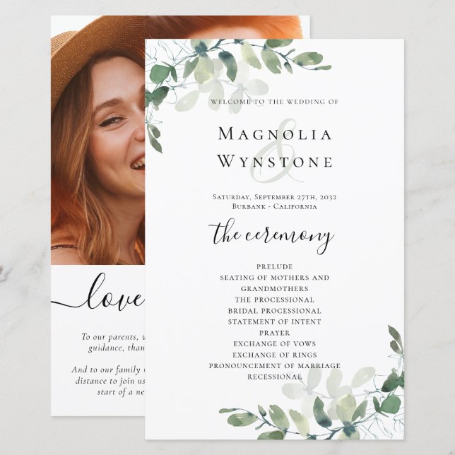 PROGRAMME DE MARIAGE ÉCONOMIQUE Fleurs d'eucalyptu (Devant / Derrière)