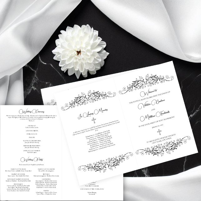 Programme de mariage Élégance Floraison Noir et Bl (Black and White Flourish Elegance folded wedding program to give out to your wedding guests.)