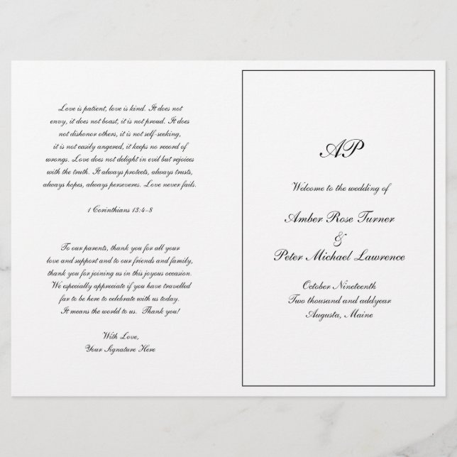 Programme de mariage élégant à monogramme plié for (Devant)