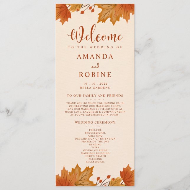 Programme de mariage élégant aux feuilles d'érable (Devant)