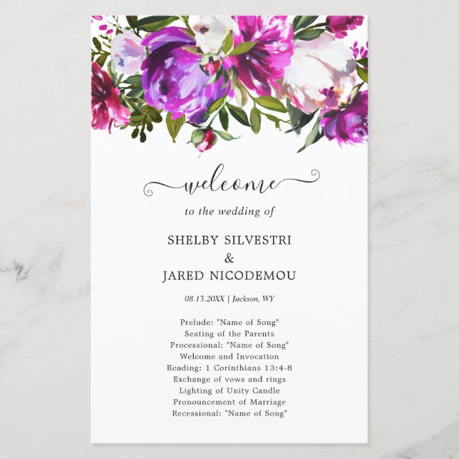 Programme de Mariage Élégant aux Fleurs Violettes  (Devant)