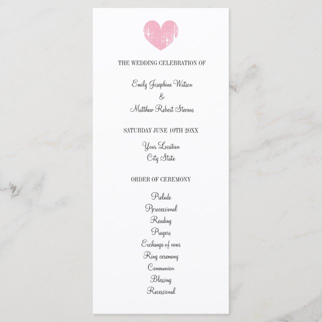 Programme de mariage élégant avec cœur rose rustiq (Devant)