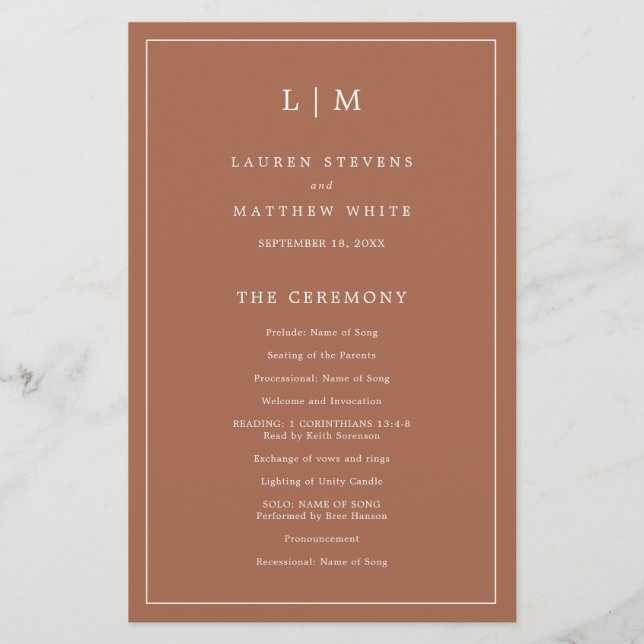 Programme de mariage élégant avec monogramme en te (Devant)
