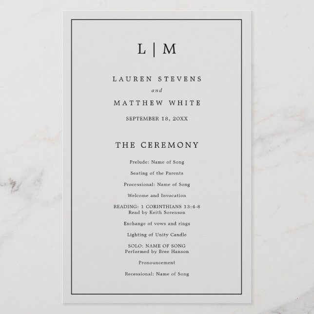 Programme de mariage élégant avec monogramme gris  (Devant)