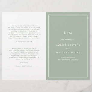 Programme de mariage élégant avec monogramme vert 