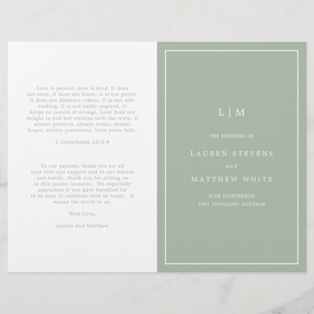 Programme de mariage élégant avec monogramme vert  (Devant)
