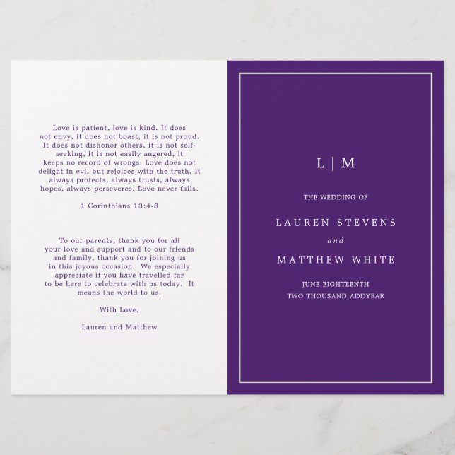 Programme de mariage élégant avec monogramme viole (Devant)