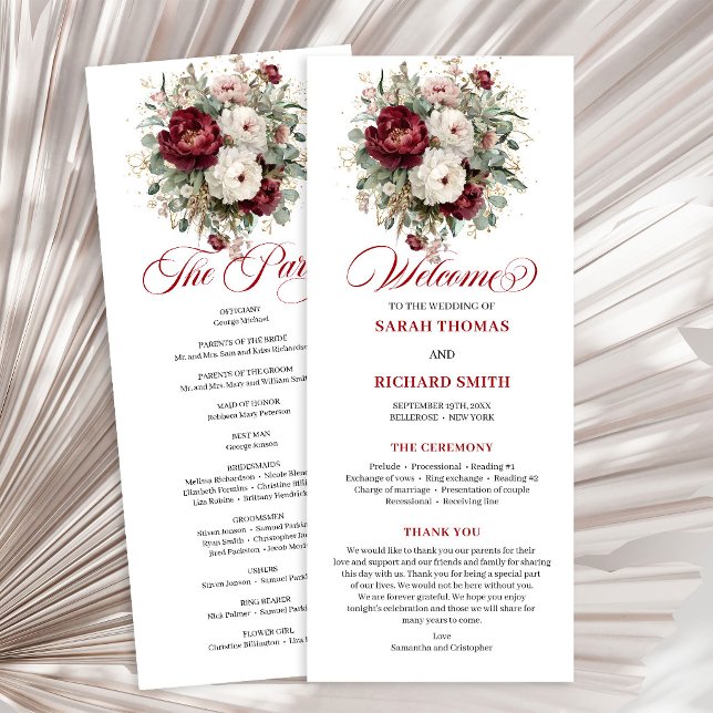 Programme de mariage élégant avec verdure et fard  (Stylish Blush Burgundy Greenery Wedding Program)