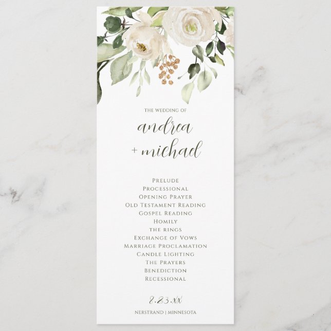 Programme de mariage élégant avec verdure fleurs b (Devant)