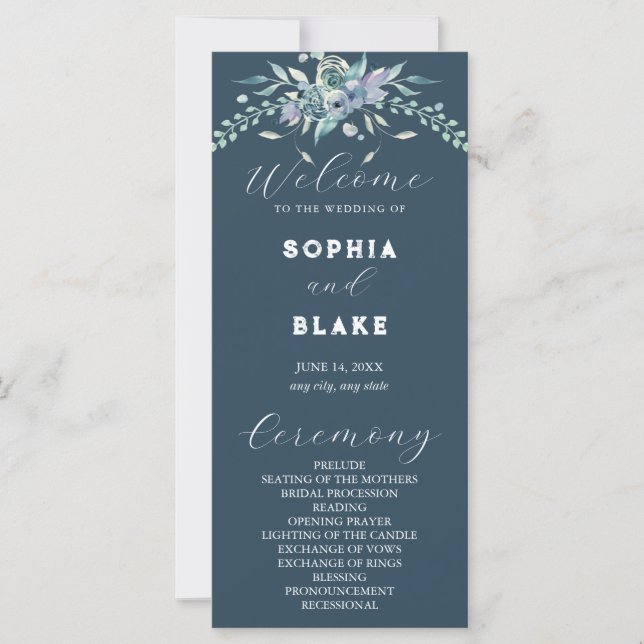 Programme de mariage élégant bleu et vert floral g (Devant)