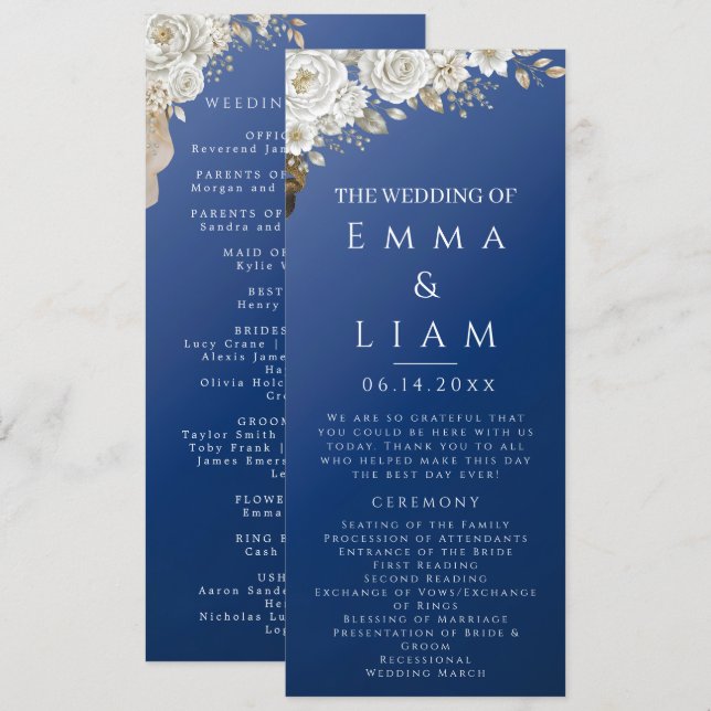 Programme de mariage élégant bleu marine or rose b (Devant / Derrière)
