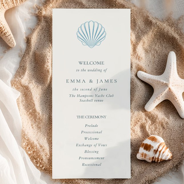 Programme de mariage élégant coquillage bleu côtie (Elegant Coastal Blue Seashell Wedding Program)