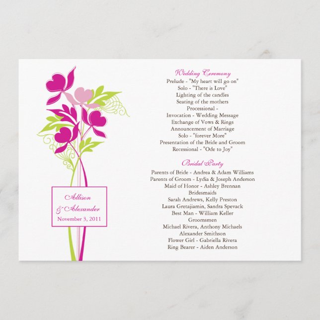 Programme de mariage élégant de bouquet rose et ve (Devant)