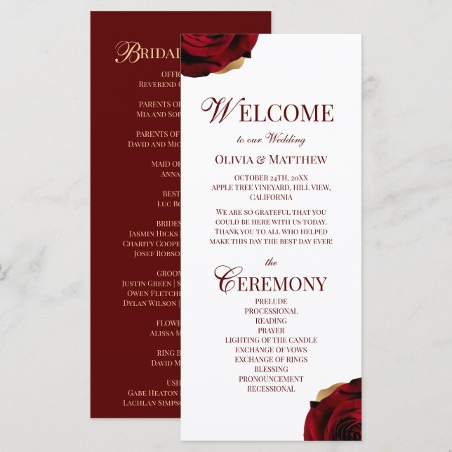 Programme de mariage élégant en bordeaux (Devant / Derrière)