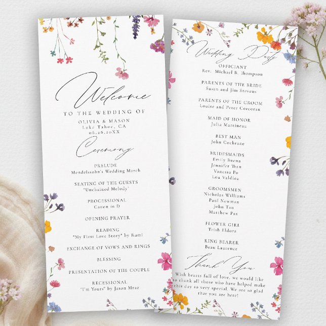 Programme de mariage élégant et moderne pour jardi (wildflower wedding program watercolor garden backyard barn summer spring elegant stylish romantic)