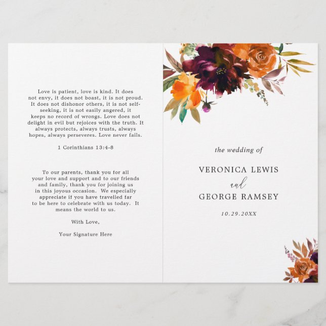 Programme de mariage élégant et rustique d'automne (Devant)