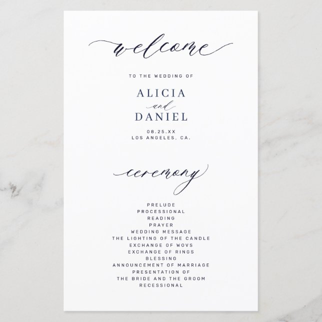 Programme de mariage élégant et sombre bleu marine (Devant)