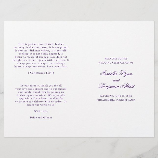 Programme de mariage élégant et traditionnel viole (Devant)