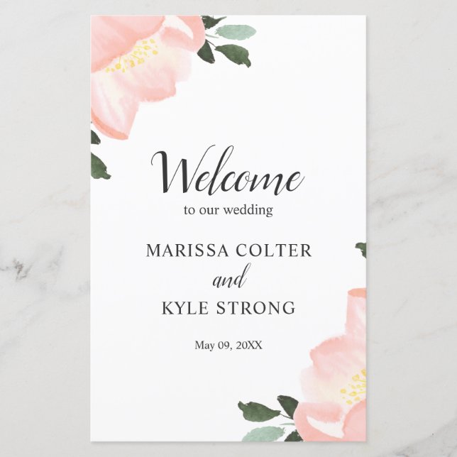 Programme de mariage élégant floral aquarelle rose (Devant)