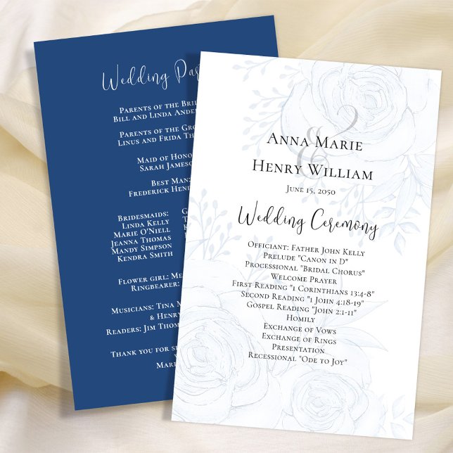 Programme de mariage Élégant Floral Blue (Blue floral wedding ceremony paper sheet program with a dusty blue background. )