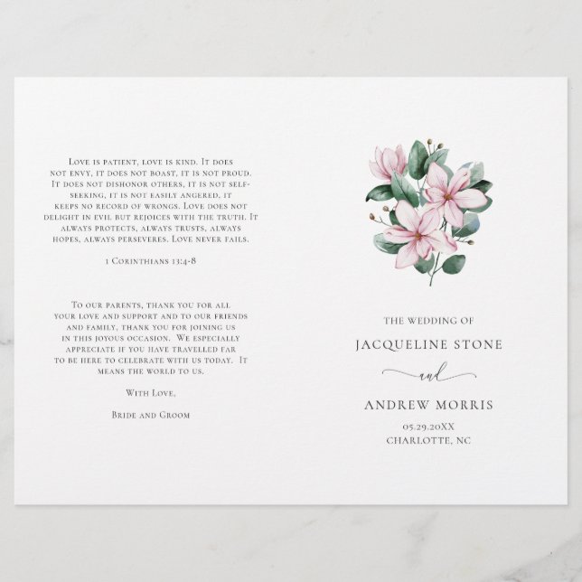 Programme de mariage élégant floral Magnolia rose (Devant)