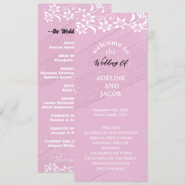Programme de mariage élégant floral rose et blanc (Devant / Derrière)