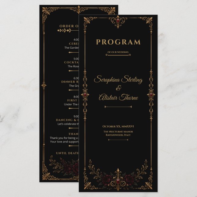 Programme de mariage élégant gothique sombre (Devant / Derrière)