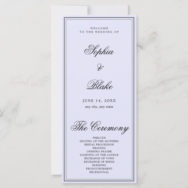 Programme de mariage élégant minimaliste lavande (Devant)