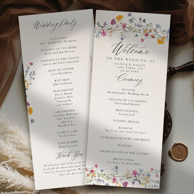 Programme de mariage élégant moderne Wildflower Gr (wildflower wedding theme program romantic colorful watercolor pastel floral timeless classic)