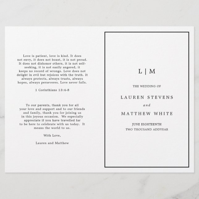 Programme de mariage élégant noir et blanc simple (Devant)