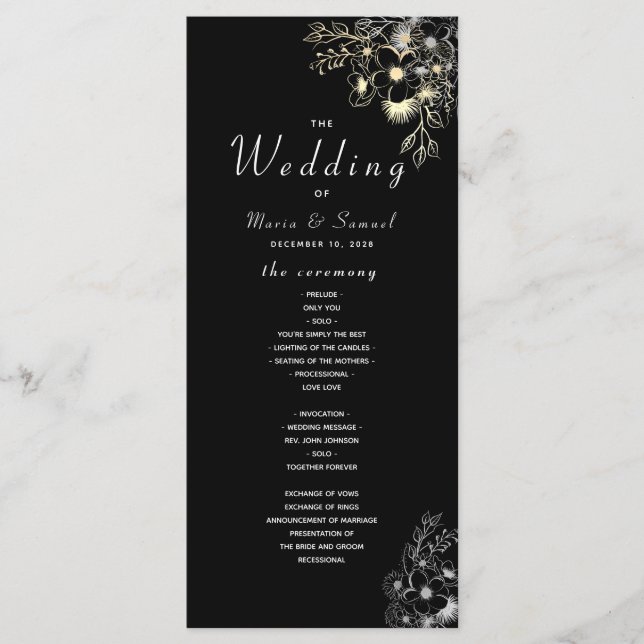 Programme de mariage élégant noir et or (Devant)