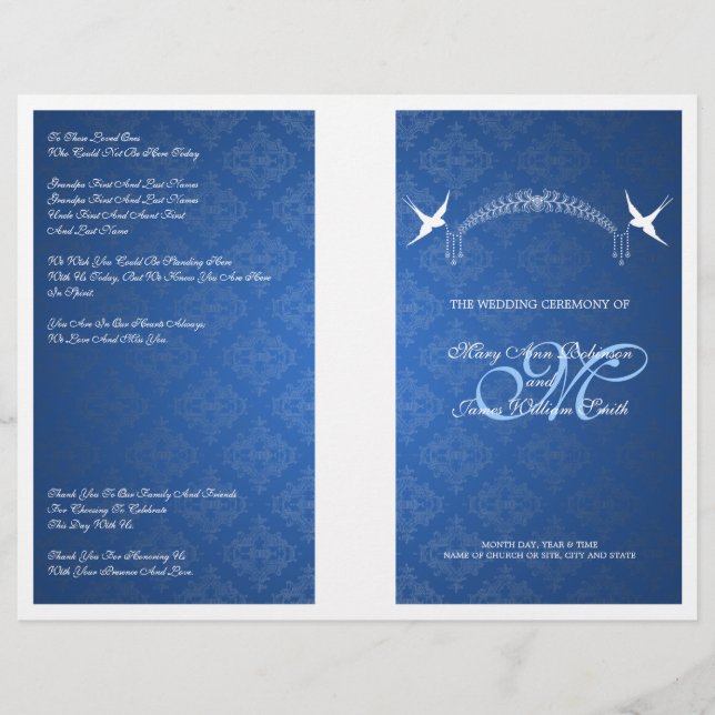 Programme de mariage élégant Oiseaux Monogramme Bl (Devant)