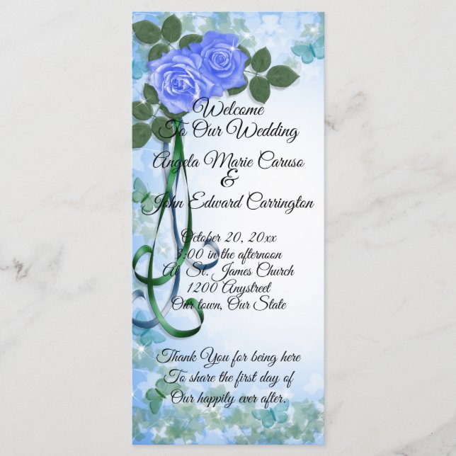 Programme de mariage élégant Rose Bleu ruban turqu (Devant)