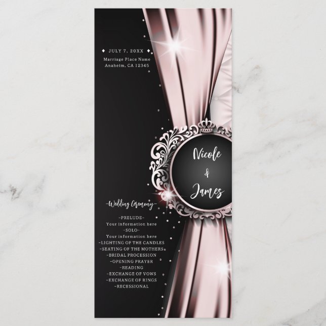 Programme de mariage élégant rose et noir de luxe (Devant)