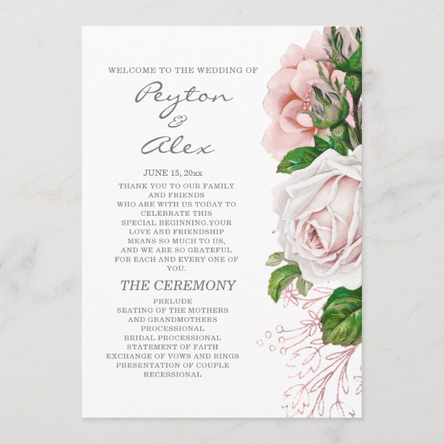 Programme de mariage élégant rose pâle floral blan (Devant)