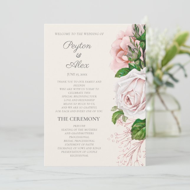 Programme de mariage élégant rose pâle floral crèm (Debout devant)