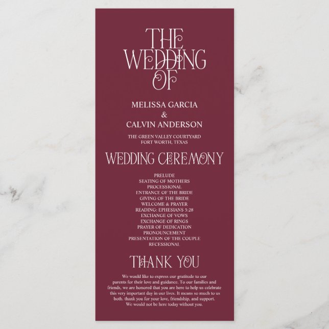 Programme de mariage élégant typographie vin de Bo (Devant)
