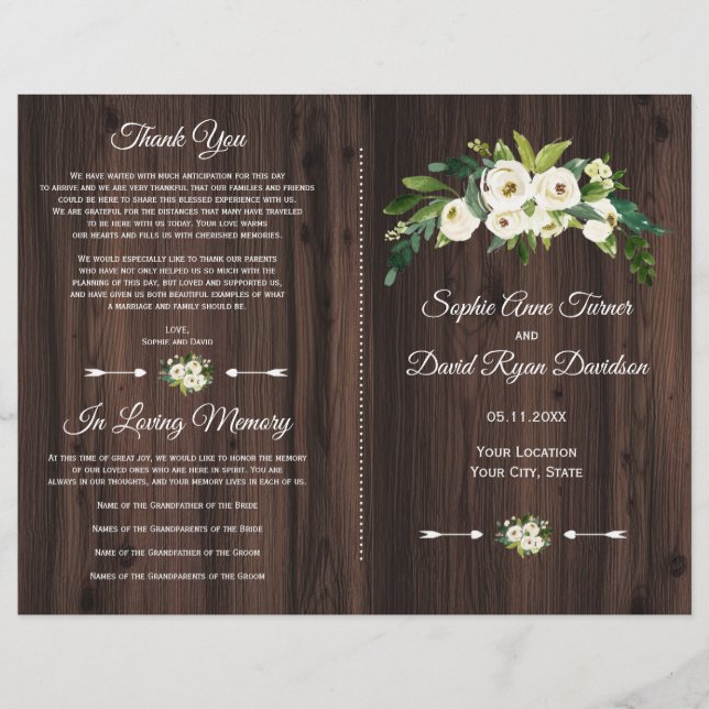 Programme de mariage en bois floral blanc aquarell (Devant)