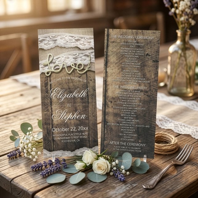 Programme de mariage en bois rustique corde d'amou (Créateur téléchargé)