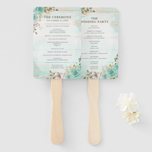 Programme de mariage en bois rustique et éventail  (Devant et derrière)